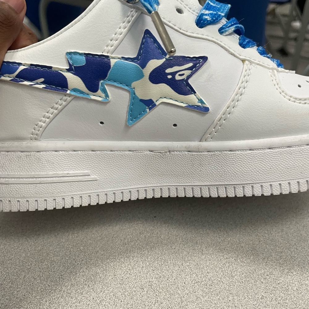Bape Kids White and Blue Camouflage Star Sneakers